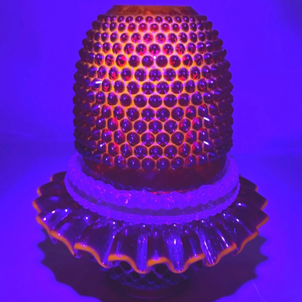 Vintage Fenton LG Wright Ruby Red Hobnail 3 Pc Fairy Lamp Ruffled UV Glow